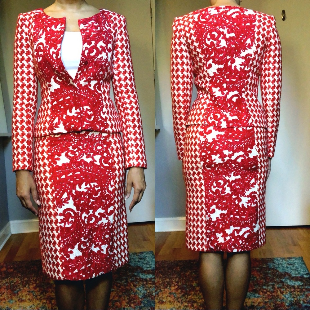 Oscar de la Renta Red Print Suit Jacket & Skirt